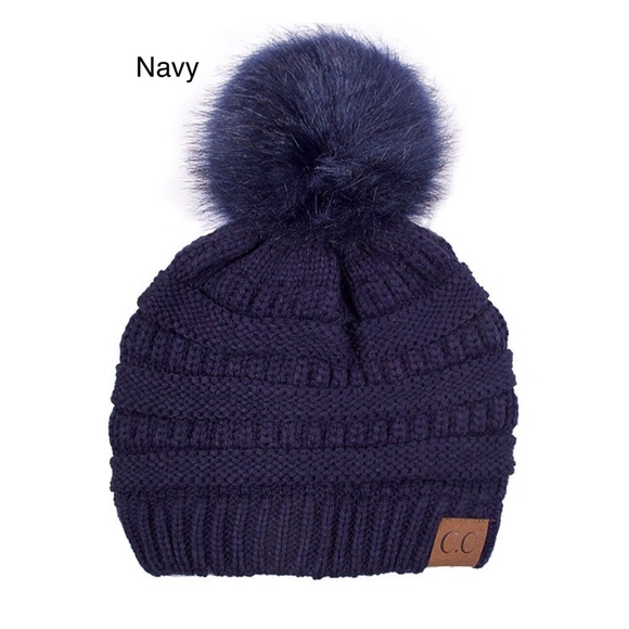 Navy CC Knit Beanie with Matching Faux Fur Pom - Picture 1 of 2